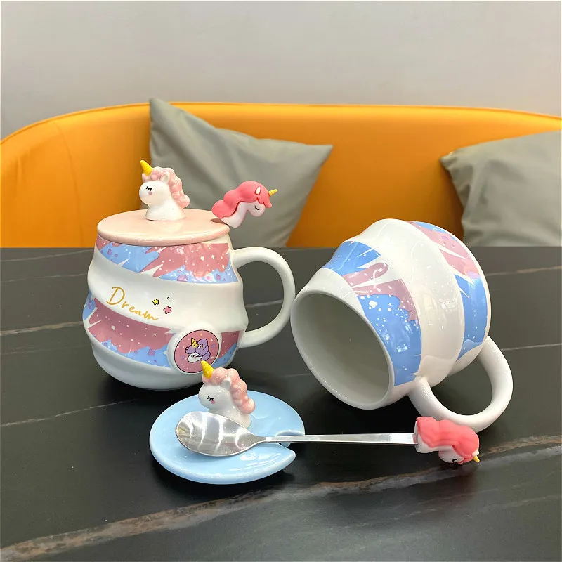Taza de cerámica de unicornio 3D con tapas, cuchara, tazas de café