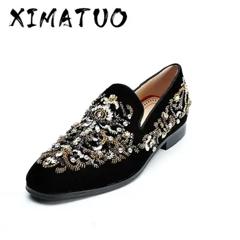 

Black Suede Mens Shoes Luxury Handmade Slip On Crystal Rhinestone Beading Men's Loafers Men Prom And Wedding Shoes