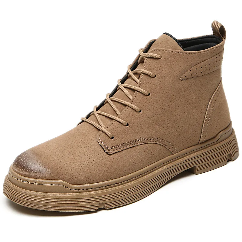 Martin Boots Men's Casual British Short Boots Autumn and Winter Flat Tooling Boots Men's Shoes Warm Shoes Waterproof Non-slip - Цвет: Khaki