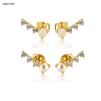 

ANDYWEN 925 Sterling Silver Round Milk Pearl Line Stud Earring Women Queen Crystal Zircon CZ Fine Jewelry For 2020 Fashion Jewel