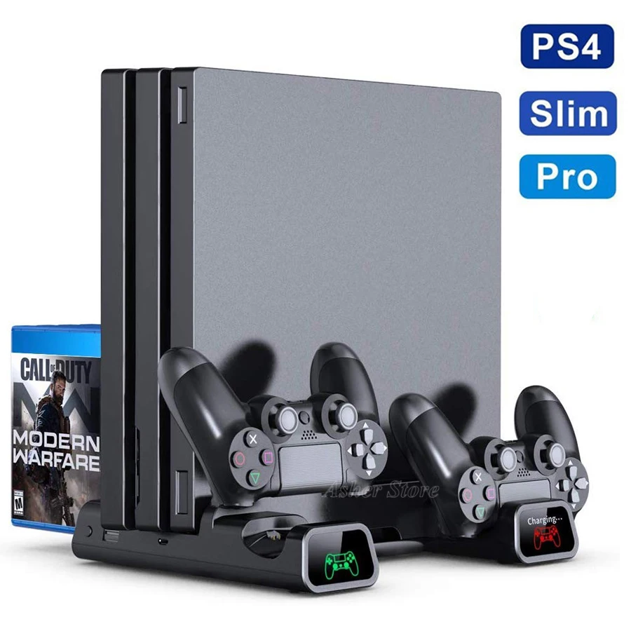 PS4 / PS4 Pro / PS4 Slim Console Vertical Stand 2 Controller Charging Dock 2 Cooling Fan 10 Games Storage for Sony Playstation 4