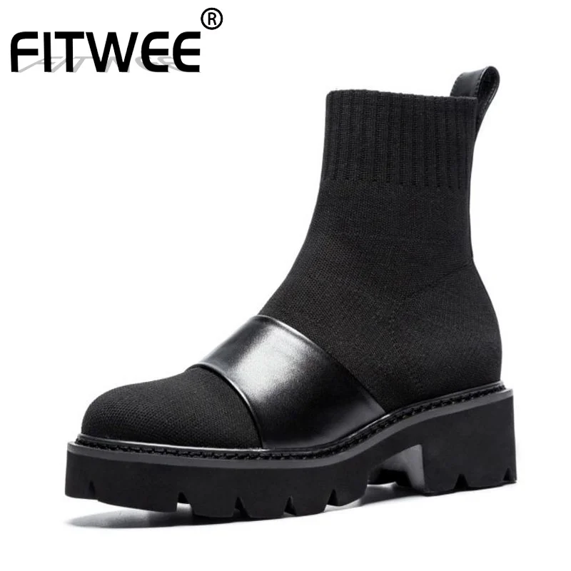 

FITWEE Women Ankle Boots Genuine Leather Patchwork Knitting Platform Boots Casual Stripe Square Heeled Footwear Size 34-41