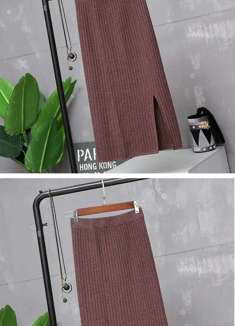 Thickened knit skirt fall winter women's new slit tote one-step skirt mid-length high-waisted wool plus size long skirt