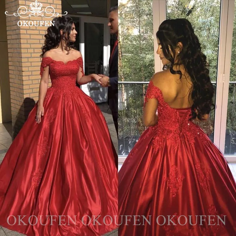 С вырезом «лодочка красное платье Quinceanera с аппликация Свадебная и атласная юбка Vestido 15 Anos длинное платье для выпускного вечера для девочек