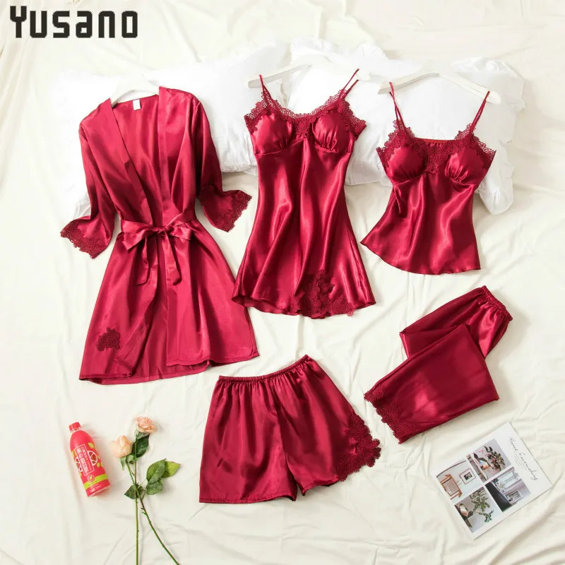 Wine red Пижамы для женщин, 5 шт., одежда для сна, домашние костюмы, шелковые, сексуальные, весенние и осенние, тонкие, женские, ночная рубашка, костюм из пяти предметов, ночное белье - Цвет: Wine red