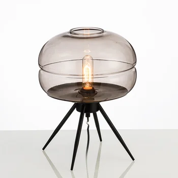 

Nordic simple iron Smoke gray blue amber glass lighting LED living room decoration table lamps bedroom bedside desk lights
