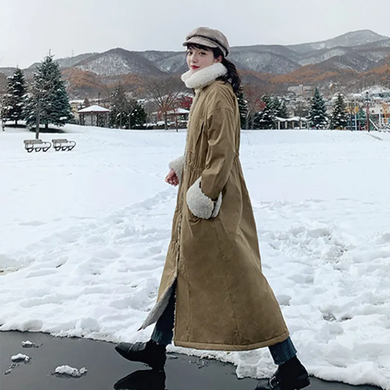 Зимняя куртка для женщин, новинка, на завязках, на талии, свободные, с хлопковой подкладкой, пальто, Корея, X-Long, искусственный ягненок, теплое пальто размера плюс, куртка, парка