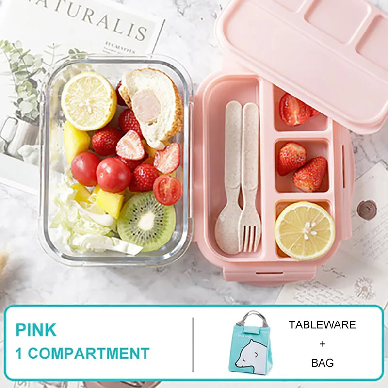 Стеклянная коробка для ланча GUNOT Microwavable Bento коробка силикагель крышки отсеки герметичные контейнер для хранения еды пакеты для ланча - Цвет: Pink 1 gird set