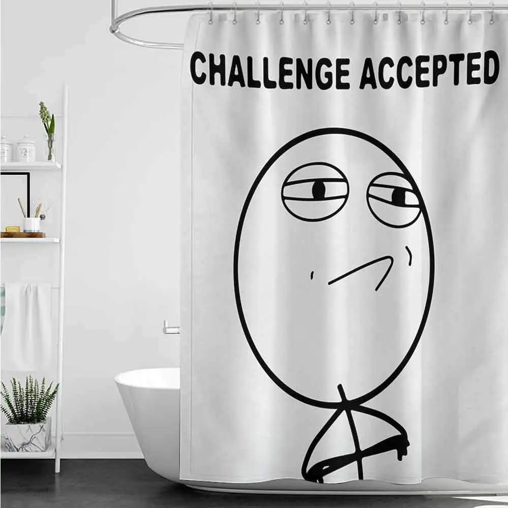 

Shower Curtains red and tan Humor,Challenge Accepted Guy Meme Caricature Man Trippy Styled Artsy Modern Picture,Black and White