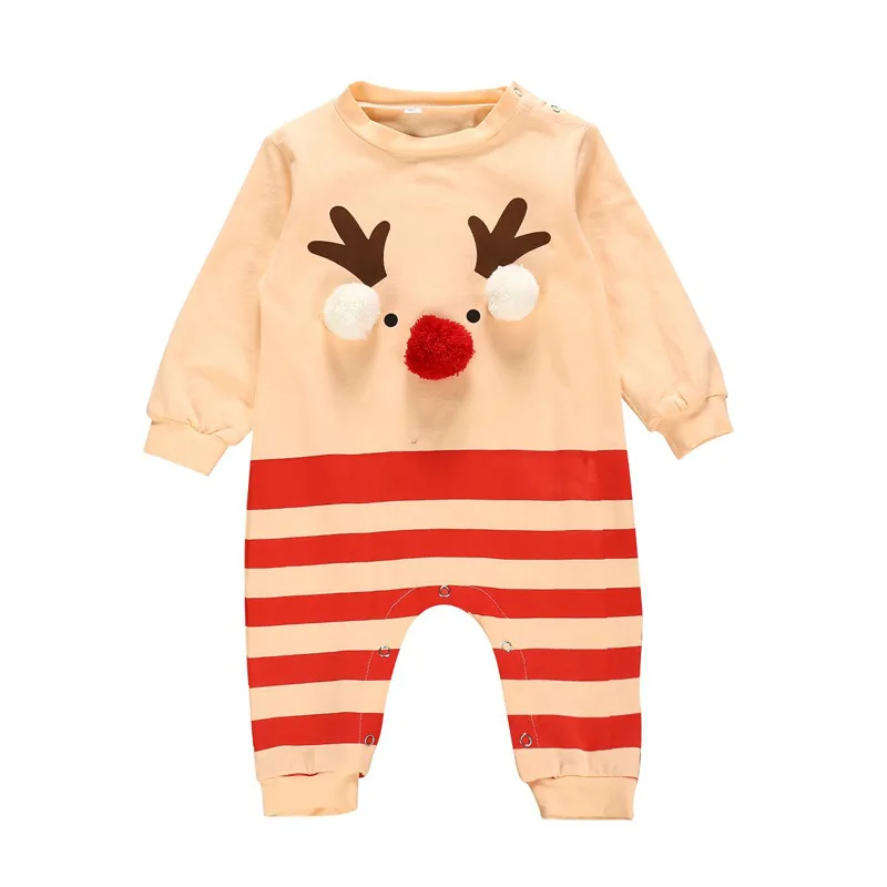 

Baby Christmas Clothes New Long-sleeved Cartoon Reindeer Stripes Romper Stereo Ball Spring and Autumn Baby Clothes
