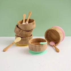 Baby Wooden Spoon Bowl Children's Dishes Feeding Baby Dinner Plate Wooden Kids Feeding Dinnerware With Silicone Suction Cup