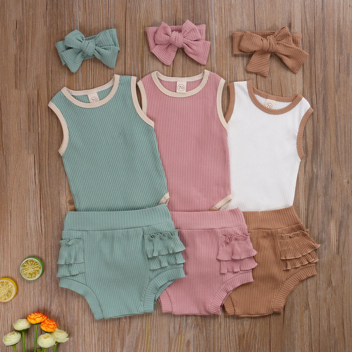 

3 Pieces Newborn Baby Girls Summer Suit Set Casual Round Neck Sleeveless Baby Romper+ Solid Color Lace Shorts + Headband 0-24M