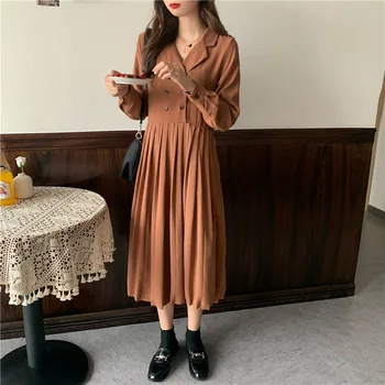 

Large Size Dress Autumn and Winter Mid-length Double Breasted Pleated Skirt Slimming Large GIRL'S Belly Covering Hide Meat Dress
