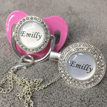 

MIYOCAR custom any glitter name photo pink bling pacifier and pacifier clip silver BPA free dummy bling glitter design P3-1-BG