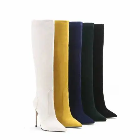 Arden/Модная женская обувь на меху; зимние элегантные женские сапоги на шпильке с острым носком; цвет желтый, бежевый, белый; сапоги до колена