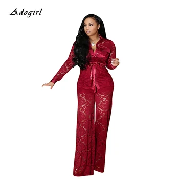 

Sexy See Through Lace Blazer Two Piece Set Elegant Turn-down Collar Suit Top With Pants Business Satin Bandage Slim Women Set