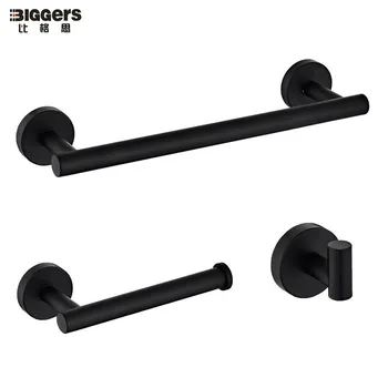 

Free shipping Biggers black color 304 stainless steel bathroom accessories set 3pcs towel rod paper holder single robe hook