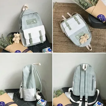 

Girls Backpack Cute Backpack Linen Women Appliques School Bag Harajuku Kawaii Canvas Lattice Ladies Bag Doll Pendant