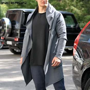 

INCERUN 2020 Fashion Men's Trench Outerwear Long Sleeve Hooded Pockets Casual Chic Coats Streetwear Solid Men Long Windbreakers