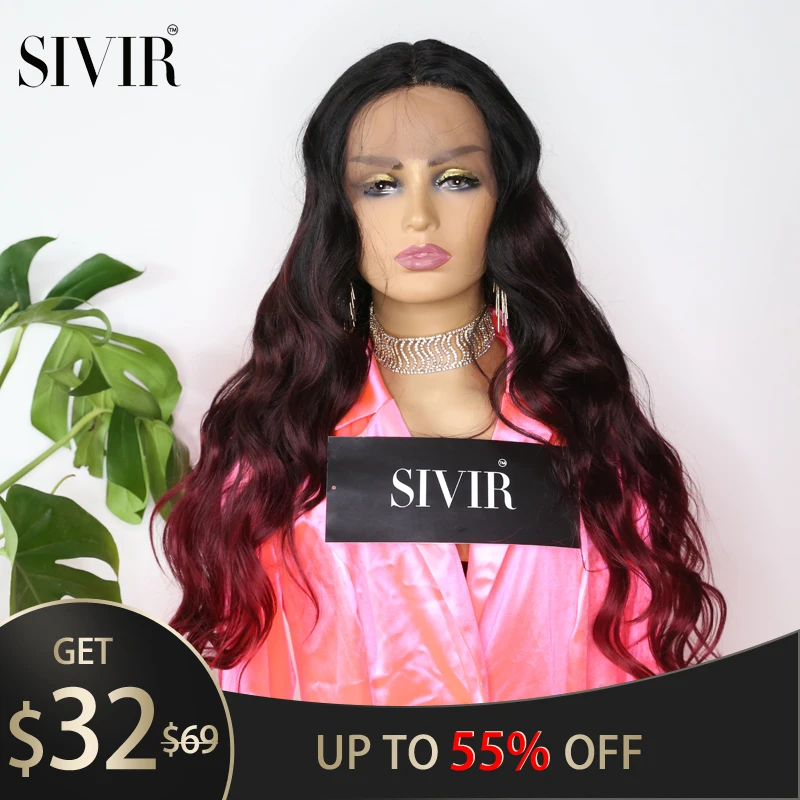 

Sivir Lace Front Synthetic Hair Wigs Long Wavy Black/99J/ Burg Middle Part Wigs Heat Resistant Lace Front Wig For Black Women