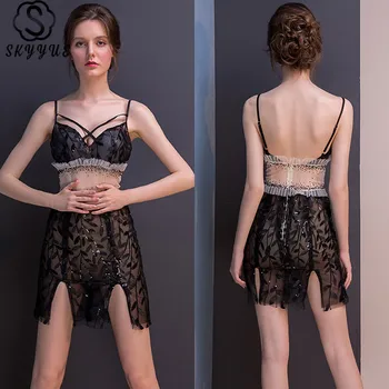 

Skyyue Cocktail Dress Sexy Sling Crystal Perspective Dresses Backless Sequin Mini Vestido De Coctel Cocktail Gown 2019 H104