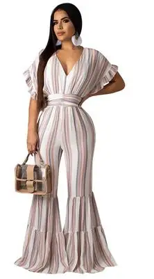 Обтягивающие сексуальные комбинезоны с принтом в полоску для женщин глубокий v