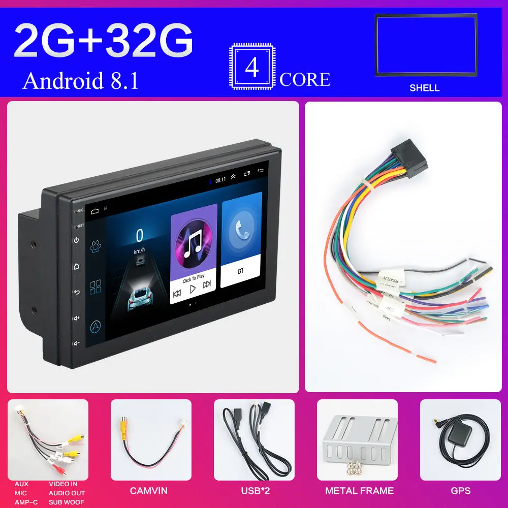 2 Din Android 8,1 Автомагнитола стерео без DVD " 1024*600 Универсальный Автомобильный плеер gps навигация Wifi Bluetooth USB Радио аудио плеер - Цвет: Черный