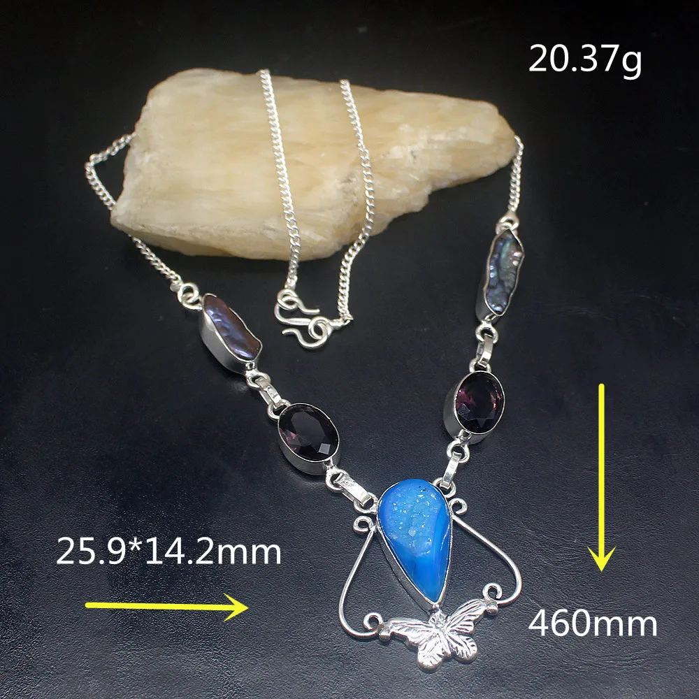 Gemstonefactory Jewelry Big Promotion 925 Silver Natural Druzy Amethyst Biwa Pearl Ladies Women Chain Necklace 46cm 202101652