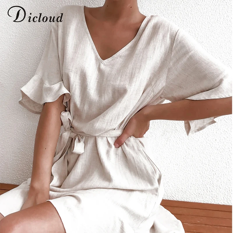 DICLOUD Casual Solid Cotton Linen Dresses Women Summer Short Sleeve V Neck Mini Party Dress Ladies A-line Summer Outfit DICLOUD Casual Solid Cotton Linen Dresses Women Summer Short Sleeve V Neck Mini Party Dress Ladies A-line Summer Outfit