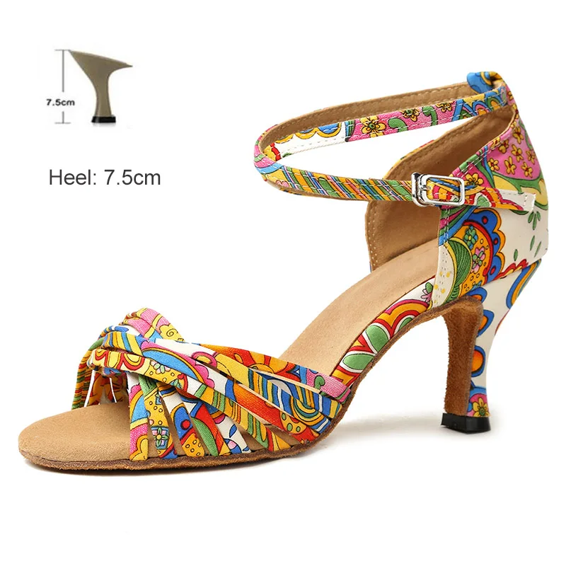 Heel 7.5cm Обувь для бальных танцев для женщин, девушек, дам, Танго/бальных/латинских/современных каблуках с цветочным принтом, домашние танцевальные туфли, Прямая поставка - Цвет: Heel 7.5cm