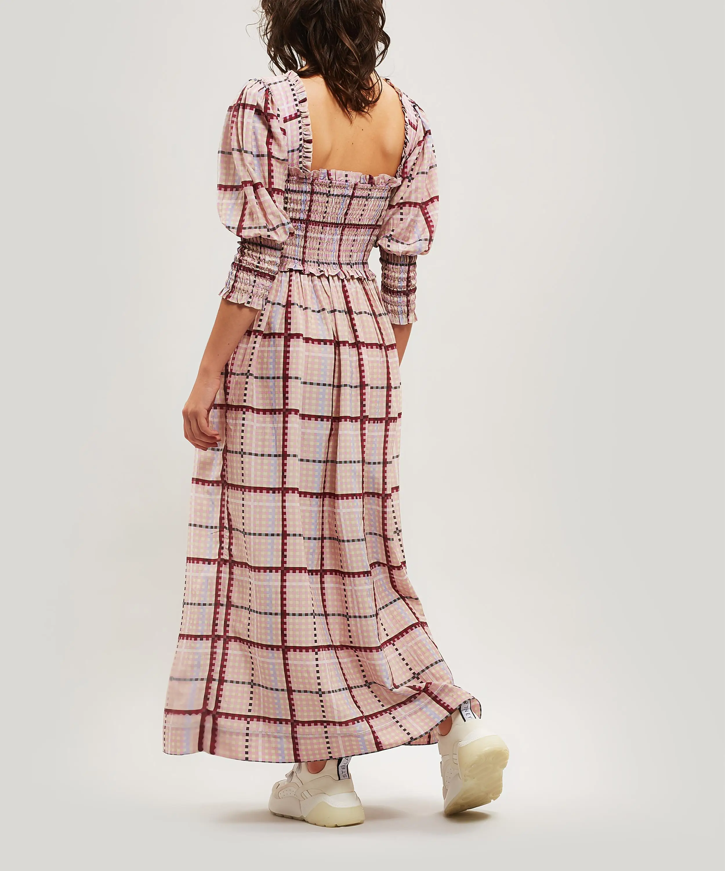 Дизайнерские разноцветные Gingham Smocked шифоновое макси-платье со сборками в клетку хлопок Пышное Платье в стиле ретро с оборками жоржет платье для пикника