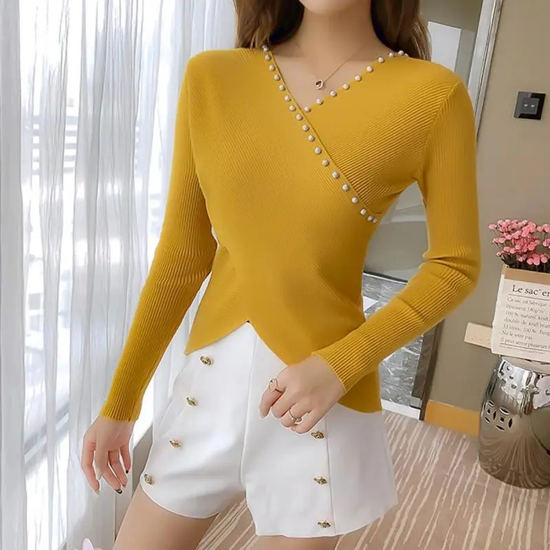 

Sexy Cross V Neck Women Sweater New Slim Autumn Sweater Beaded Pullover Solid Color Loose Long-sleeved Knit Sweater