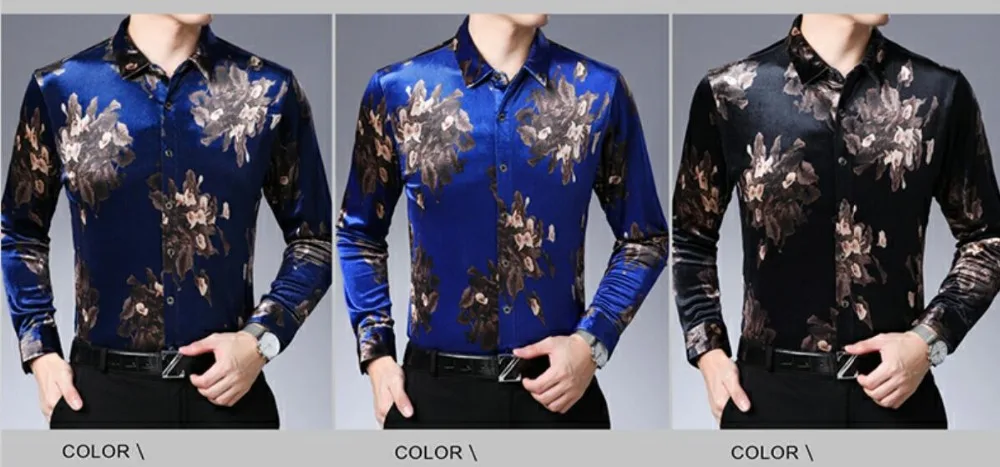 Mens Autumn Fashion Gold Velvelt Floral Dress Shirt Casual Fit Slim Business Males Flowers Velvet Shirts