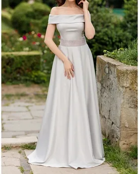 

Elegant Simple Silver A-line Formal Evening Dress Off Shoulder Sequins Sash Banquet Gown Prom Dress vestidos de festa