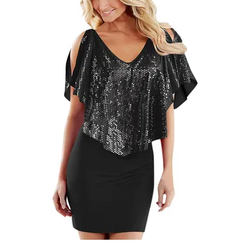 

summer dress Women V-neck Sequins Stitching Cape Sleeve Nightclub Dinner Party Dress vestidos summer dress 2020 платье женское