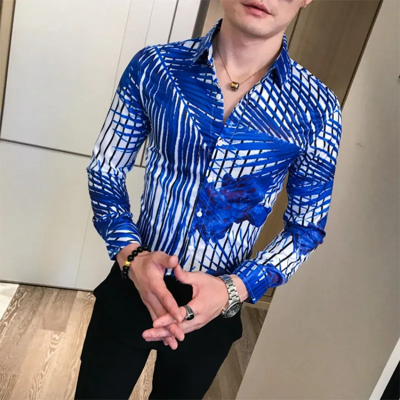 Chemise homme manche longue, британский стиль, полосатая рубашка, Мужская Уличная одежда, цифровой принт, мужские повседневные рубашки, облегающие Клубные смокинги, 3xl