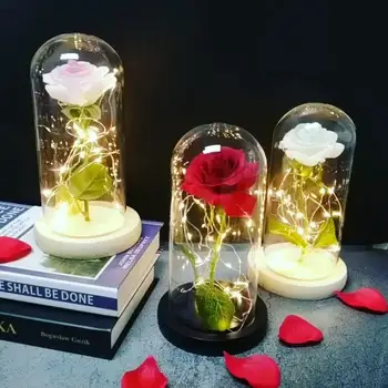 

2020 Dropshipping Beauty and the Beast Red Rose in a Glass Dome with LED Light Wooden Base for Valentine's Mother's Day Gifts