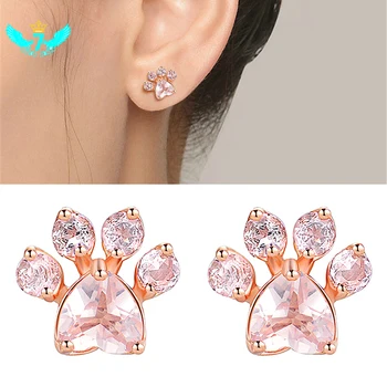 

Lovely Animal Footprints Earrings For Women Gold Metal Pink Crystal Cat Ear Paw Dog Claw Stud Earings Jewelry Brincos TOA