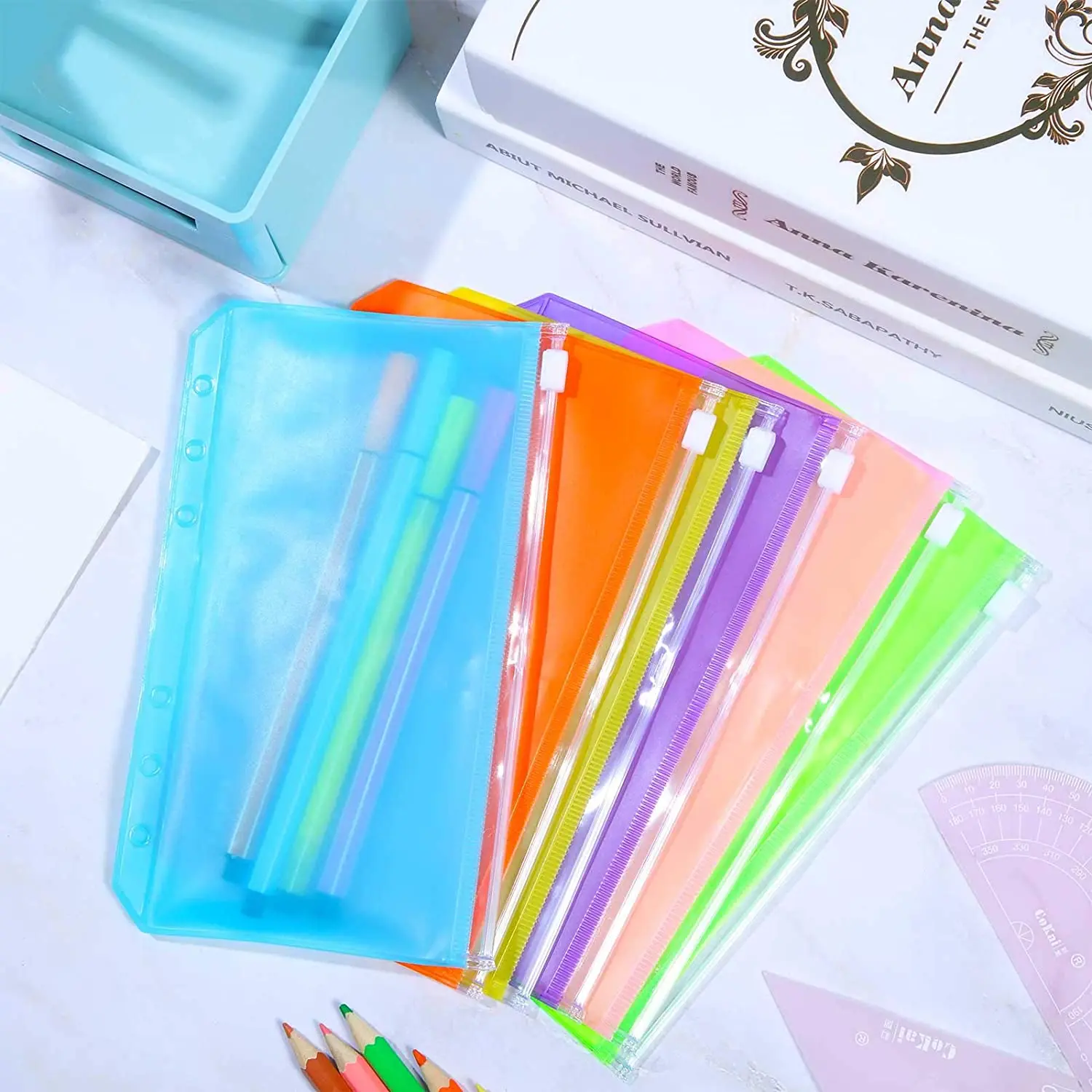 6 unids/set A6 bolsillo archivador cuaderno carpeta bolsa de carpetas Color 6-Carpeta de agujeros cremallera Carpeta de PVC impermeable bolsa de archivo bolsas