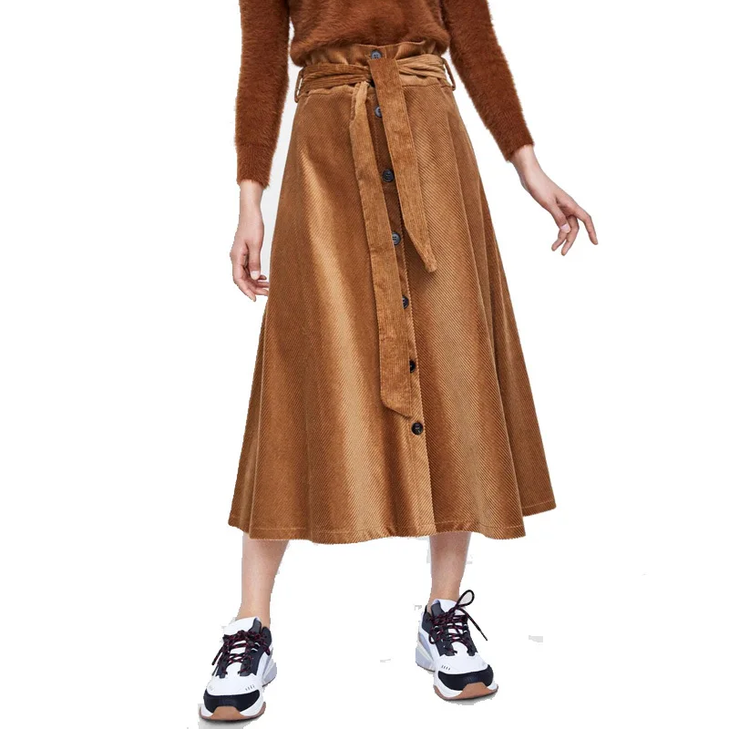 

2018 Autumn And Winter WOMEN'S Dress New Style High-waisted Single Breasted Lace up Detail Corduroy Skirt A- line Long Skirts