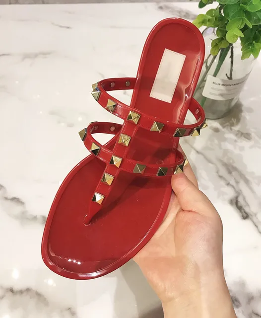 Summer Beach Sandals Woman Flip Flops PVC Slides Female Sandals Rivet Bowknot Slip on Flat with Women Studs Slippers Jelly Shoes red