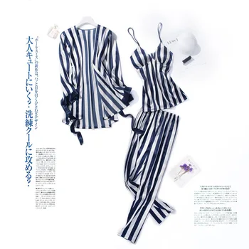 

Women's Striped 3 pieces pajamas sets autumn summer Furnishing wear Sexy Women Pajama Sets Nightdress+Robe+Pant Female Pajamas