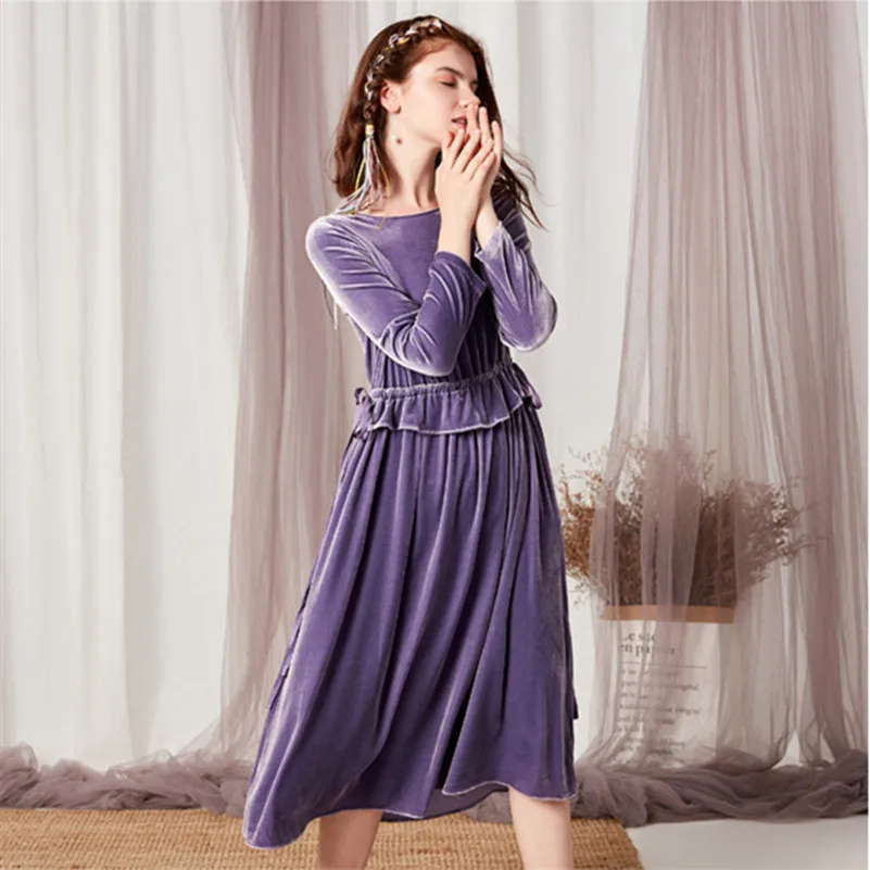 Plus Size Women Velvet Midi Dress M-7XL New Autumn Femme Sweet Girls Vintage Ruffles Lady Party long Robe Vestidos | Женская одежда