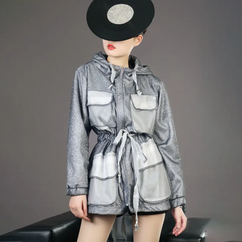 

LANMREM 2020 Spring New Sequined Jacket Small Waist Hooded Long-sleeved Thin Silver Windbreaker Women Short Coat PB795