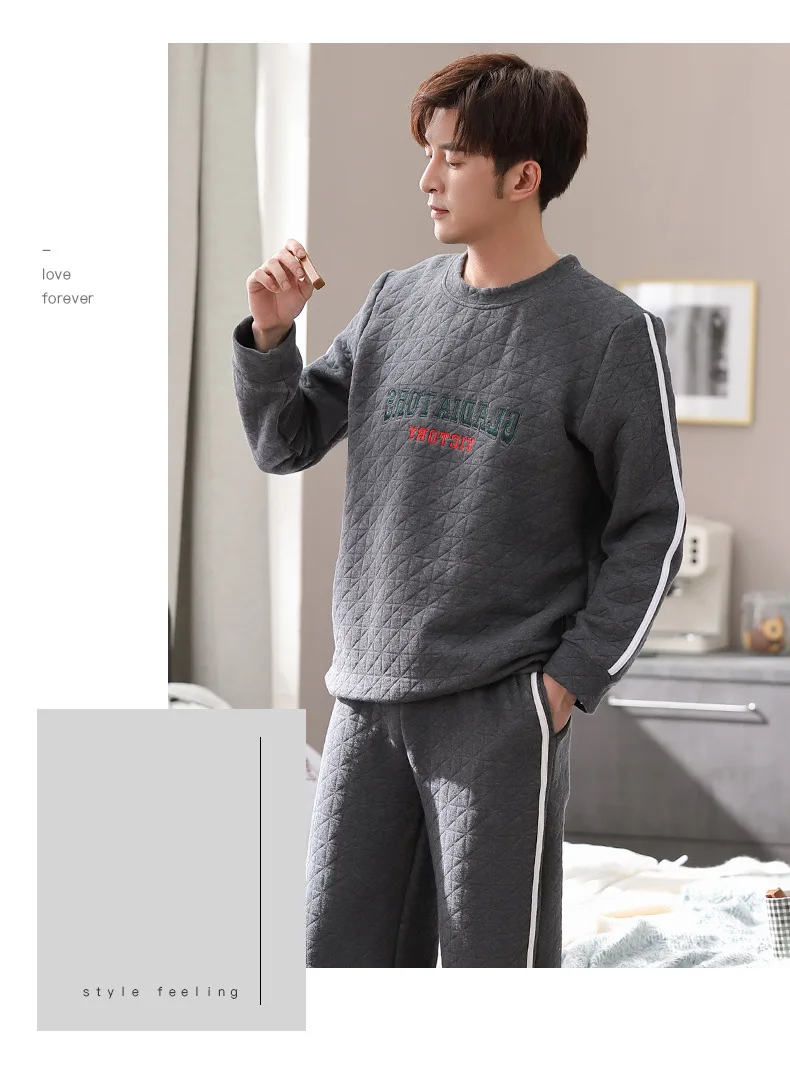 New Men Autumn Winter Daily Pullover Pajamas Set Double-layer Thick Pure Cotton Two Piece Leisure Suit Loose Casual Home Clothes pyjama homme