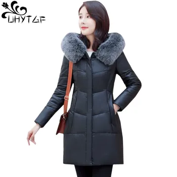 

UHYTGF 5XL plus size tops outerwear Quality PU leather autumn winter leather jacket women luxury fox fur hooded warm coats 521