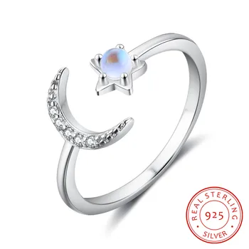

Crescent Moon Star Ring 925 Sterling Silver Moonstone Ring with Zircon Stone Open Adjustable Ring Wedding Engagement Jewelry