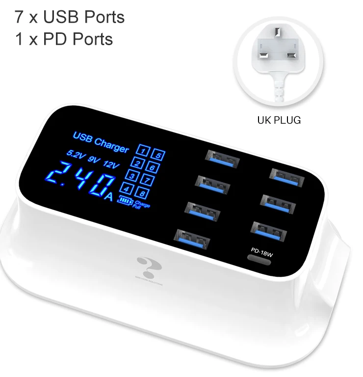 GOOJODOQ PD зарядное устройство 40 Вт 8 портов USB зарядное устройство умный светодиодный дисплей USB быстрая зарядка для Apple адаптер для IPhone IPad Xiaomi samsung - Тип штекера: 8Ports White  UK