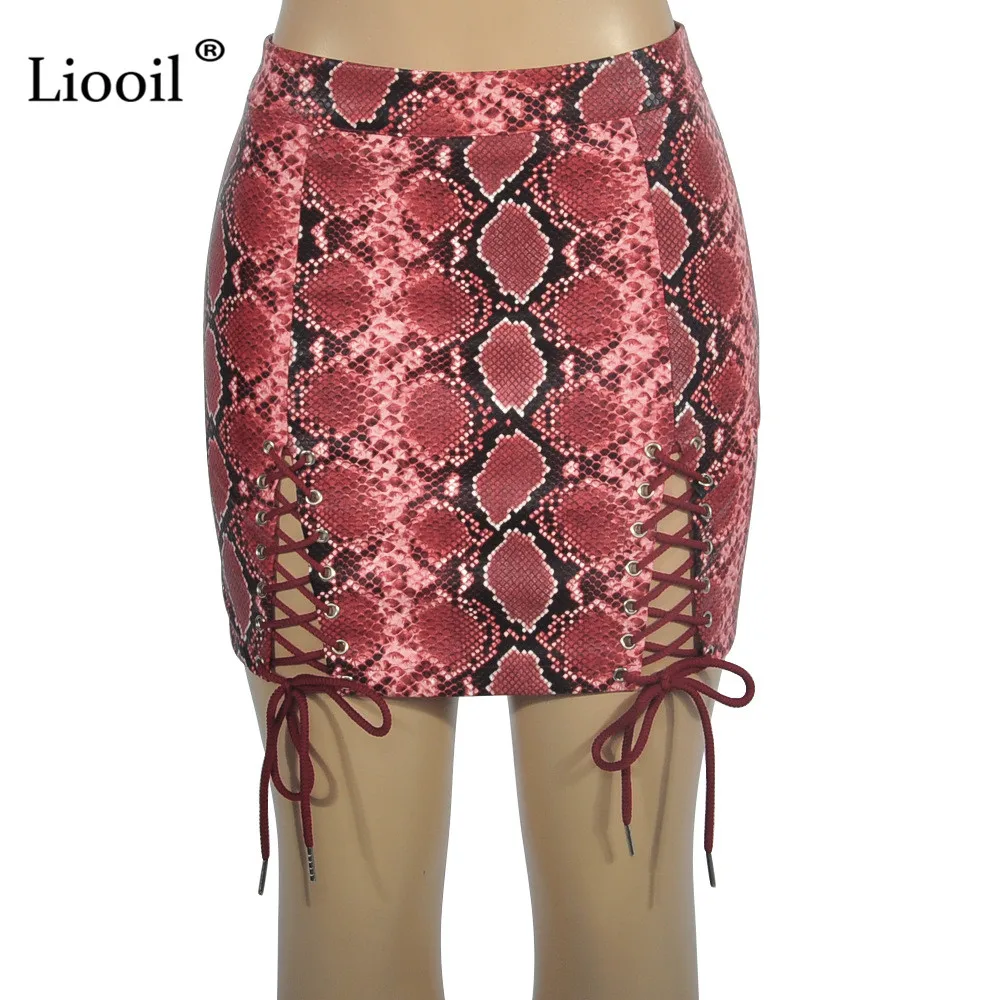 Liooil/пикантная юбка из искусственной кожи со шнуровкой и змеиным принтом, женская летняя одежда года, облегающие мини-юбки белого и красного цвета с высокой талией для женщин