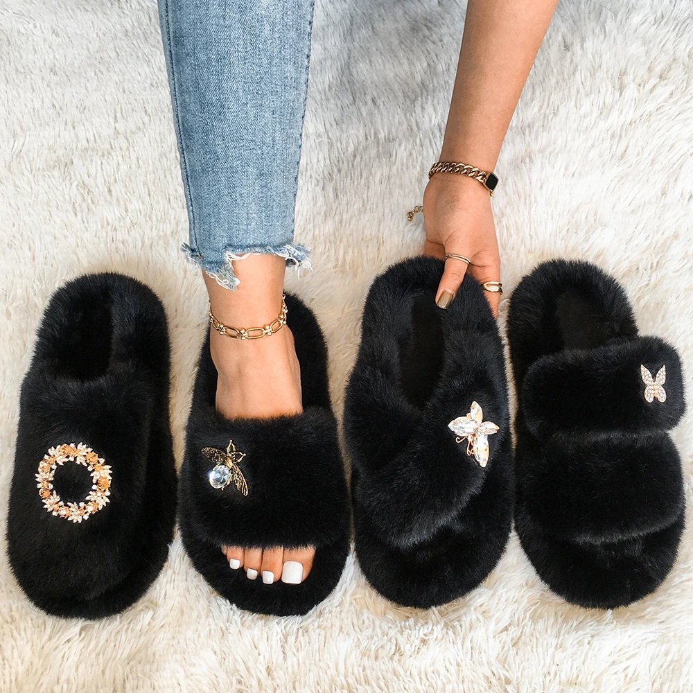 Fluffy Slippers Women Outdoor Flat Sandals Bedroom Flip Flops Furry Slides  Platform Home Slippers Luxury Designer Winter Shoes - Women's Slippers -  AliExpress